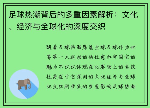 足球热潮背后的多重因素解析：文化、经济与全球化的深度交织
