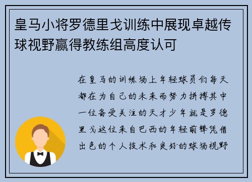 皇马小将罗德里戈训练中展现卓越传球视野赢得教练组高度认可